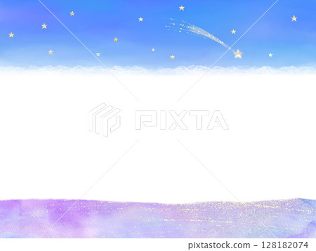 A fantastic frame of a starry sky with shooting stars and a lavender field. A watercolor illustration with a romantic picture book-like atmosphere 128182074