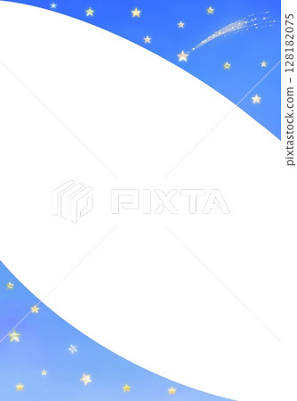 A romantic vertical frame with shooting stars in the night sky. A picture book-like illustration of a fantastical world. 128182075