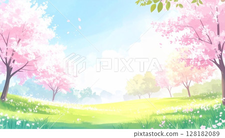 A landscape of cherry blossoms dancing in the spring breeze and a flower-blooming hill overflowing with light A landscape of cherry blossoms dancing in the spring breeze and a flower-blooming hill overflowing with light 128182089