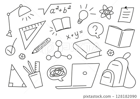 Collection of black and white flat cartoon vector doodles on school, education and science topics. Stationery elements, creative symbols, academic objects for posters, planners, web design 128182090