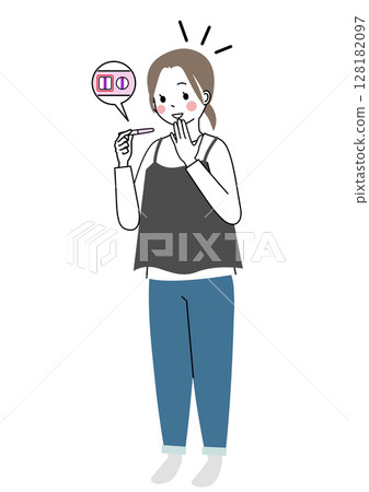 A woman is happy to find out she is pregnant with a pregnancy test 128182097