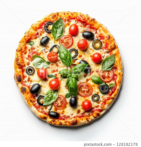 Fresh vegetarian pizza with tomatoes, olives, mushrooms, and basil, perfectly baked and presented whole on a white background. 128182178