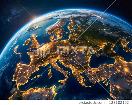 Aerial top down view of europe cities light on planet earth in the night from space. 128182192