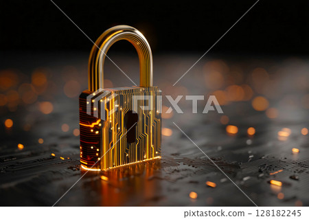 digital padlock made of glowing circuit lines on dark matrix background digital padlock made of glowing circuit lines on dark matrix background 128182245
