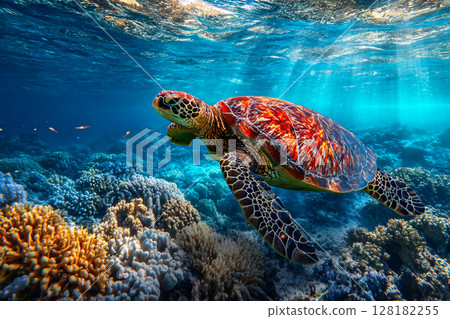 underwater coral reef with sea turtle and layered rock textures, vibrant marine wildlife 128182255