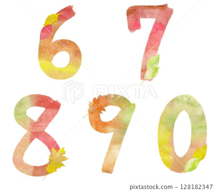 A set of colorful numbers 6, 7, 8, 9, 0 written in autumn watercolors. Illustration material with beautiful fallen leaves. 128182347