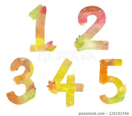 A set of colorful numbers 1, 2, 3, 4, 5 written in autumn watercolors. Illustration material with beautiful fallen leaves. A set of colorful numbers 1, 2, 3, 4, 5 written in autumn watercolors. Illustration material with beautiful fallen leaves. 128182348
