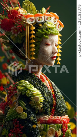 Portrait of woman with sushi composition 128182379