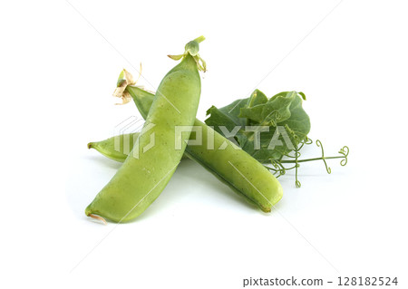 Vibrant green pea pods with leaves isolated on a clean white backdrop Vibrant green pea pods with leaves isolated on a clean white backdrop 128182524