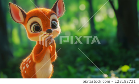 Cute deer smiles joyfully in a lush green forest 128182721
