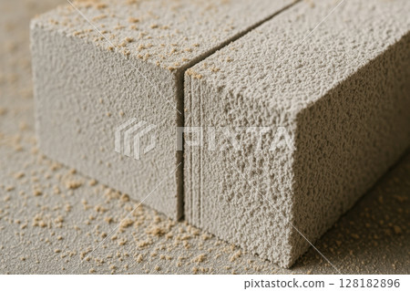 Close up of two lightweight concrete blocks side by side with textured, sandy surfaces and scattered dust particles, AI Generative Close up of two lightweight concrete blocks side by side with textured, sandy surfaces and scattered dust particles, AI Generative 128182896