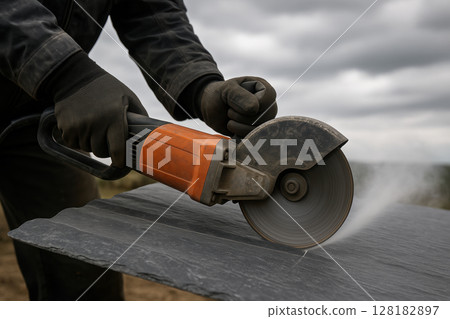 Worker using an electric angle grinder to cut slate outdoors, wearing protective gloves under overcast sky for safety and precision, AI Generative Worker using an electric angle grinder to cut slate outdoors, wearing protective gloves under overcast sky for safety and precision, AI Generative 128182897