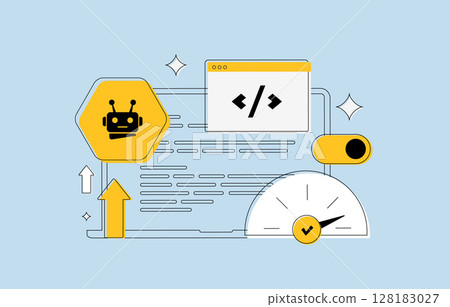 Technical SEO illustration featuring AI crawler, code snippet and speed indicator, symbolizing page speed optimization. AI SEO tools, code improvement and search engine crawler. Vector illustration Technical SEO illustration featuring AI crawler, code snippet and speed indicator, symbolizing page speed optimization. AI SEO tools, code improvement and search engine crawler. Vector illustration 128183027
