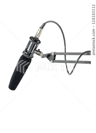 Studio microphone for podcasting or streaming on a boom arm with a white background Studio microphone for podcasting or streaming on a boom arm with a white background 128183112