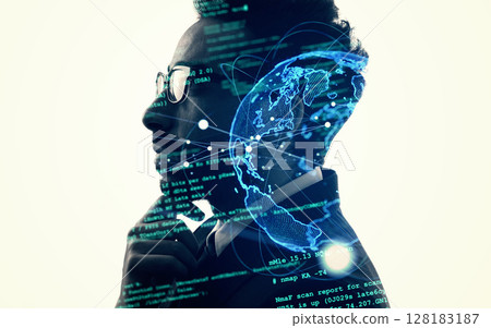 Collage of a thinking man's silhouette and a global network image Horizontal visual for banners and advertisements 128183187