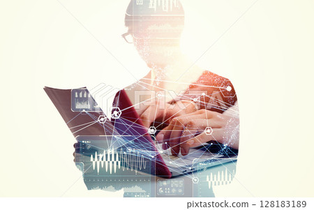 A collage of silhouettes of men using PCs and digital technology images. Horizontal visuals for banners and advertisements. 128183189