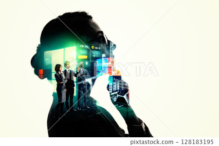 Collage of female silhouette and digital technology images Horizontal visual for banners and advertisements Collage of female silhouette and digital technology images Horizontal visual for banners and advertisements 128183195