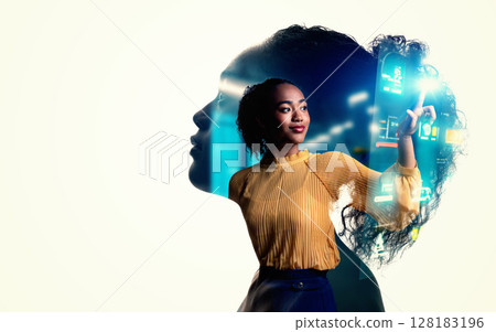 Collage of female silhouette and digital technology images Horizontal visual for banners and advertisements Collage of female silhouette and digital technology images Horizontal visual for banners and advertisements 128183196