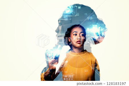 Collage of female silhouette and digital technology images Horizontal visual for banners and advertisements Collage of female silhouette and digital technology images Horizontal visual for banners and advertisements 128183197