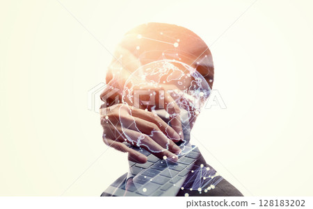 男性輪廓與全球網路圖像的拼貼橫幅和廣告的水平視覺 128183202