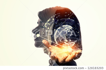 Collage of female silhouette and global network image Horizontal visual for banners and advertisements Collage of female silhouette and global network image Horizontal visual for banners and advertisements 128183203