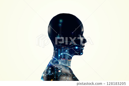 人工智慧機器人與城市圖像拼貼橫幅和廣告的水平視覺 128183205