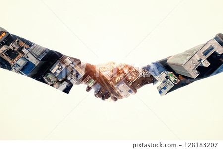 一幅拼貼畫，畫中人物握手的剪影和城市鳥瞰圖。橫幅和廣告的水平視覺效果。 128183207