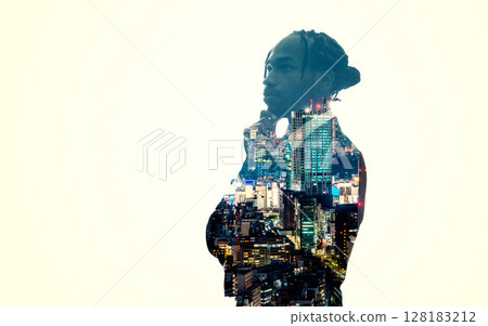 Collage of male silhouette and urban image Horizontal visual for banners and advertisements Collage of male silhouette and urban image Horizontal visual for banners and advertisements 128183212