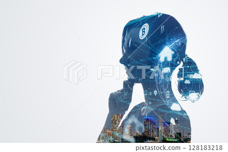 Collage of female silhouette and communication network image Horizontal visual for banners and advertisements 128183218
