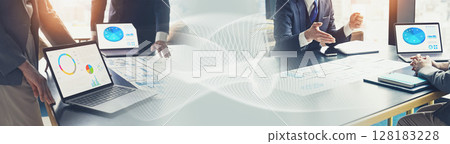 Business scene and network collage Horizontal visual for banners and advertisements 128183228