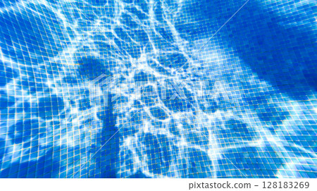 Underwater View of Blue Mosaic Pool Tiles with Sunlight Reflections Underwater View of Blue Mosaic Pool Tiles with Sunlight Reflections 128183269
