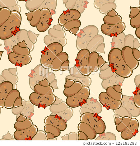 Seamless pattern with kawaii poop on color background. Cartoon poo, feces icons. Shit patterns, evil turd. Vector illustration for invitation, poster, card, fabric, textile. Doodle style 128183288
