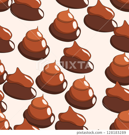 Seamless pattern with kawaii poop on color background. Cartoon poo, feces icons. Shit patterns, evil turd. Vector illustration for invitation, poster, card, fabric, textile. Doodle style 128183289