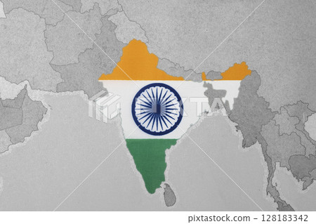 The India flag on the world map. Pakistan vs India military war conflict. Weapon of a nuclear missile battle 128183342