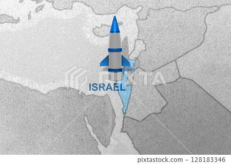 Israel with nuclear missiles on the world map. Iran-Israel confrontation, military war conflict 128183346