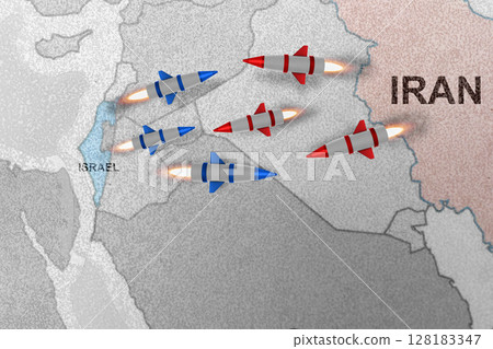 Israel and Iran nuclear missiles battle on the world map. Iran-Israel confrontation, military war conflict 128183347