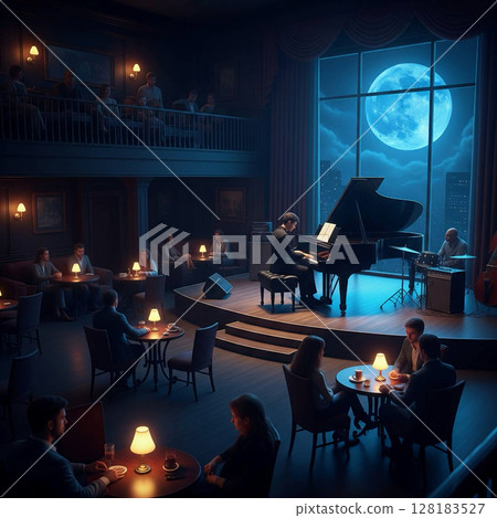 Piano performance on the moonlit stage 128183527