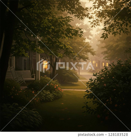 Summer morning landscape with trees illuminated by the sun 128183528