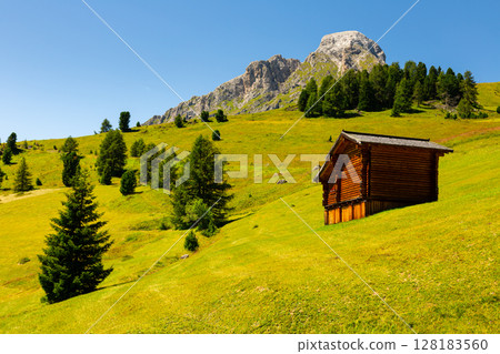Wooden farm building on hillside in area pass Goma Dolomites 128183560