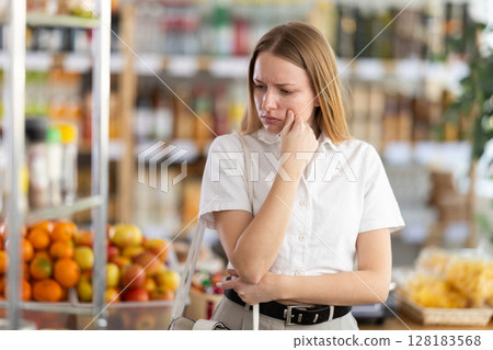 Young woman buyer forgot what she wanted to buy Young woman buyer forgot what she wanted to buy 128183568