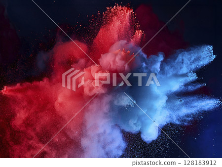紅色和藍色粉末像煙霧一樣飛舞,深紅色和藍色,黑色背景 紅色和藍色粉末像煙霧一樣飛舞,深紅色和藍色,黑色背景 128183912