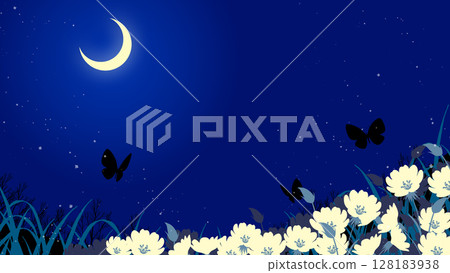 一幅描繪新月之夜，蝴蝶在月見草田中飛舞的插圖 128183938