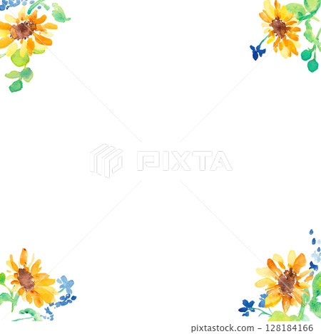 Watercolor painting. Summer frame of watercolor sunflowers and plants. Vector illustration of sunflowers. Watercolor painting. Summer frame of watercolor sunflowers and plants. Vector illustration of sunflowers. 128184166
