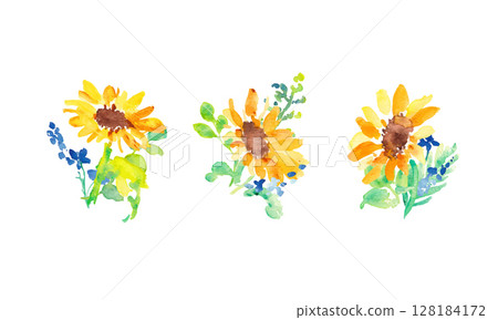 Watercolor painting. Summer frame of watercolor sunflowers and plants. Vector illustration of sunflowers. Watercolor painting. Summer frame of watercolor sunflowers and plants. Vector illustration of sunflowers. 128184172