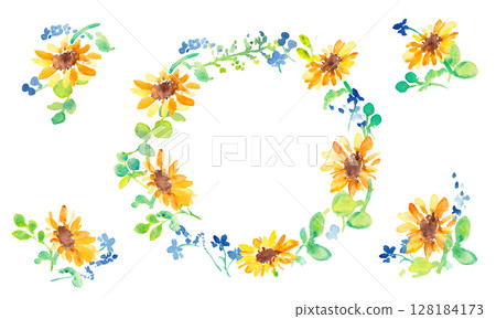 水彩畫。水彩向日葵和植物的夏季框架。向日葵的向量插圖。 水彩畫。水彩向日葵和植物的夏季框架。向日葵的向量插圖。 128184173