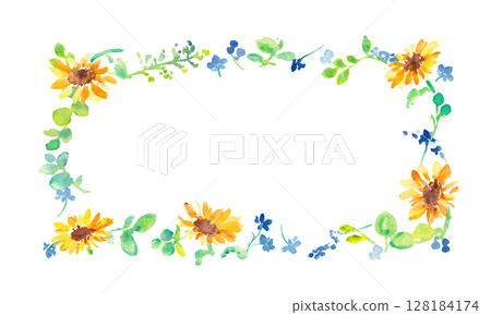水彩畫。水彩向日葵和植物的夏季框架。向日葵的向量插圖。 水彩畫。水彩向日葵和植物的夏季框架。向日葵的向量插圖。 128184174
