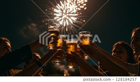 Toasting with beer at the fireworks festival Toasting with beer at the fireworks festival 128184257