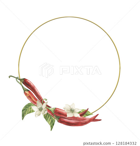 Round wreath frame with red hot chili pepper, green leaves, flowers. The watercolor illustration is drawn in watercolor in a botanical style, on a white background. For packaging, culinary blogs 128184332