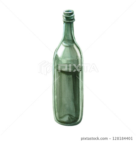 Green glass bottle with wine. Isolated watercolor illustration in realistic style for restaurant, bar design, menu design, printing on posters and postcards. 128184401