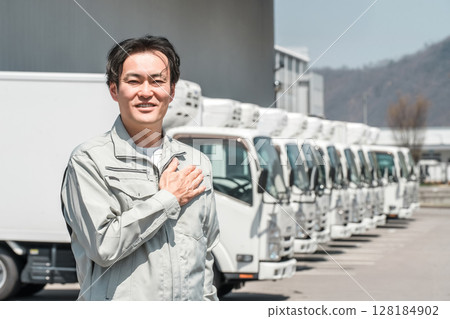 A man in work clothes with his arms crossed in front of trucks lined up in the parking lot of a logistics center (delivery, transportation, and home delivery industry) 128184902